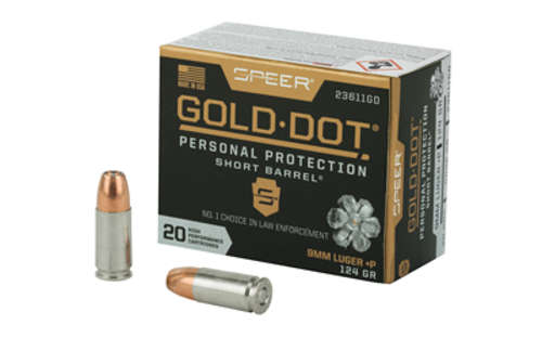 Ammunition Speer Ammunition Speer Gold Dot 9mm SPR GOLD DOT 9MM+P 124G HP SB 20/200 • Model: Speer Gold Dot